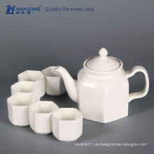 China Awalong Lager reine weiße einzigartige moderne Design sechseckige Form Knochen China Teekanne Teetasse und Untertasse gesetzt